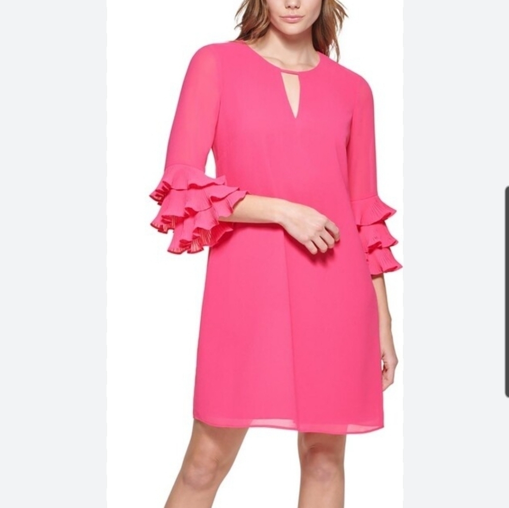 Vince Camuto Chiffon Knee Shift Layered-Sleeve Dress Womens 6 Bright Pink